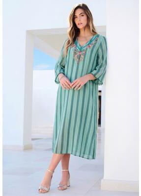 Plus Size Women's Hand-Crinkled Embellished Kaftan by Roaman's in Antique Mint Coastal Stripe (Size 34/36)