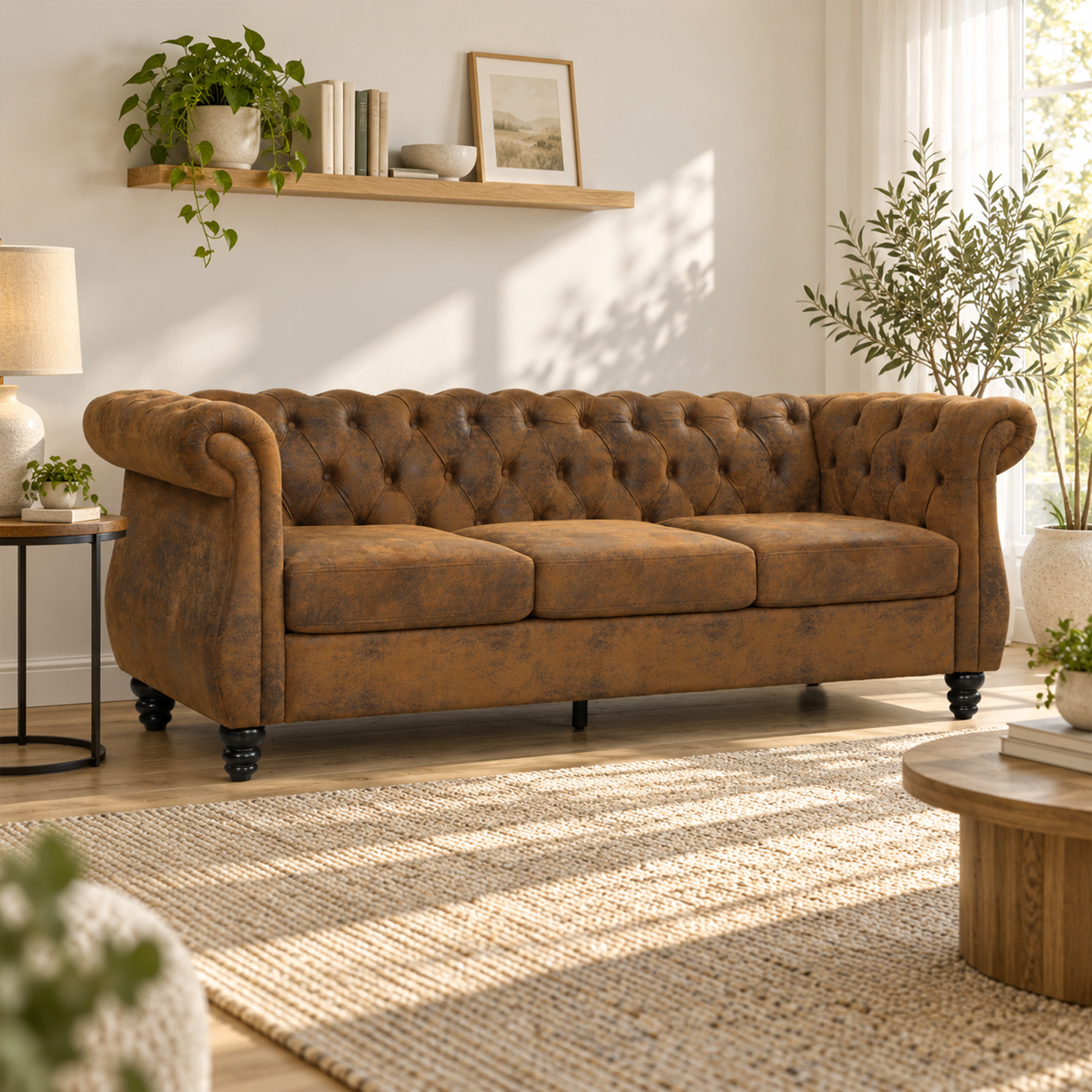 Homcom Divano 3 Posti Chesterfield in Tessuto Effetto Pelle Traspirante, Seduta Ampia, Imbottitura Spessa, Caffè   Aosom Italy
