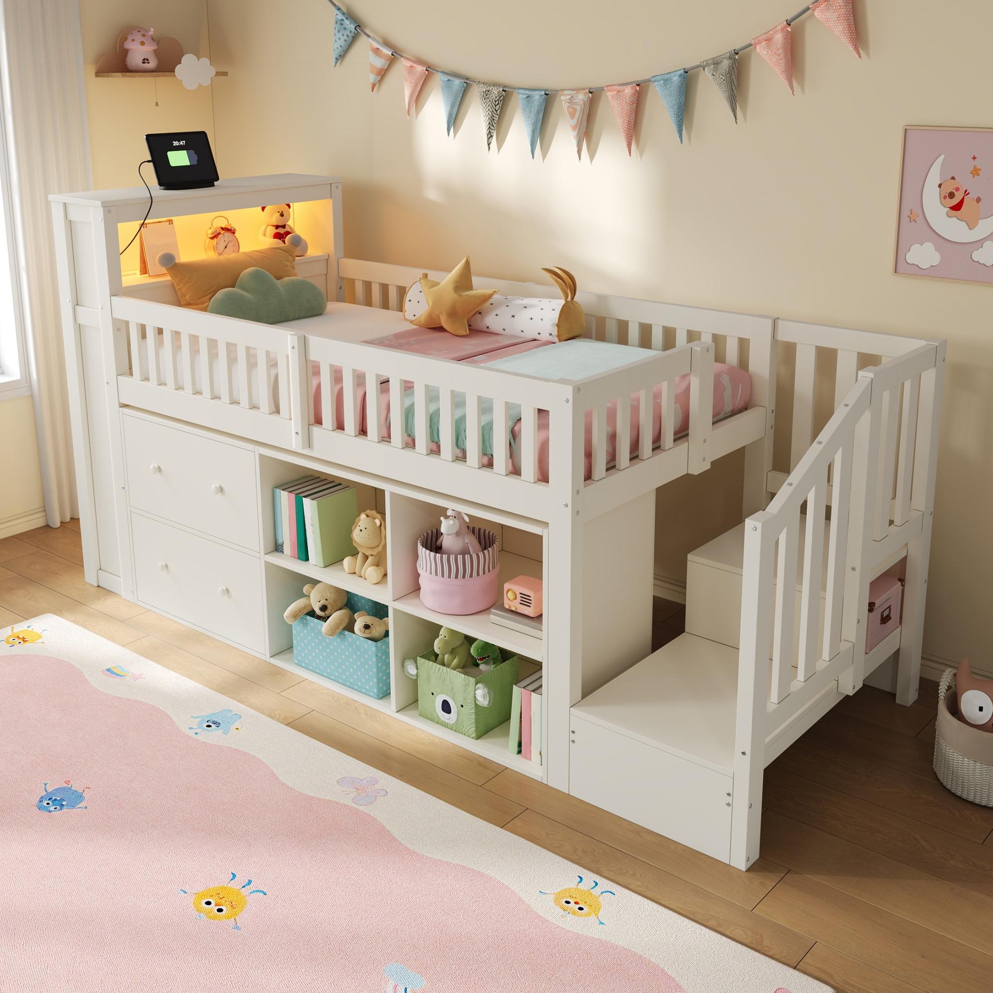 Flieks Etagenbett 90x200cm mit Led, Kinderbett Hochbett mit Ladefunktion, Kinder Hochbett mit Schubladen und Staufächern, Stockbett Holzbett Weiß