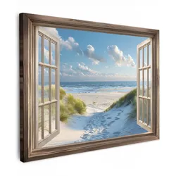 LEINWANDBILD Aussicht - Strand - Fenster - Dünen - Meer Wandbilder 80x60 cm