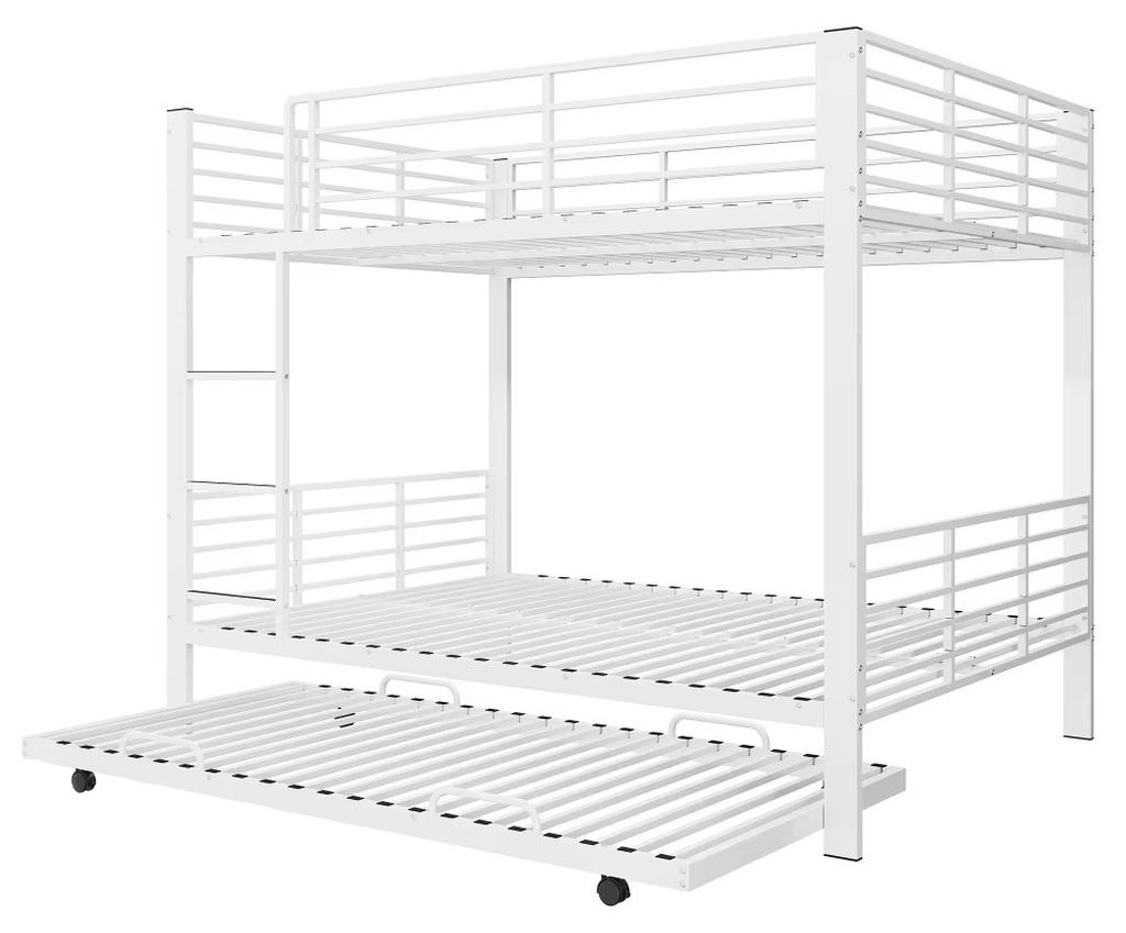 Metall-Etagenbett - 140 x 200 cm - Ausziehbares Gästebett - Sicherheitsgitter - Integrierte Leiter - Platzsparend - Mattweiß