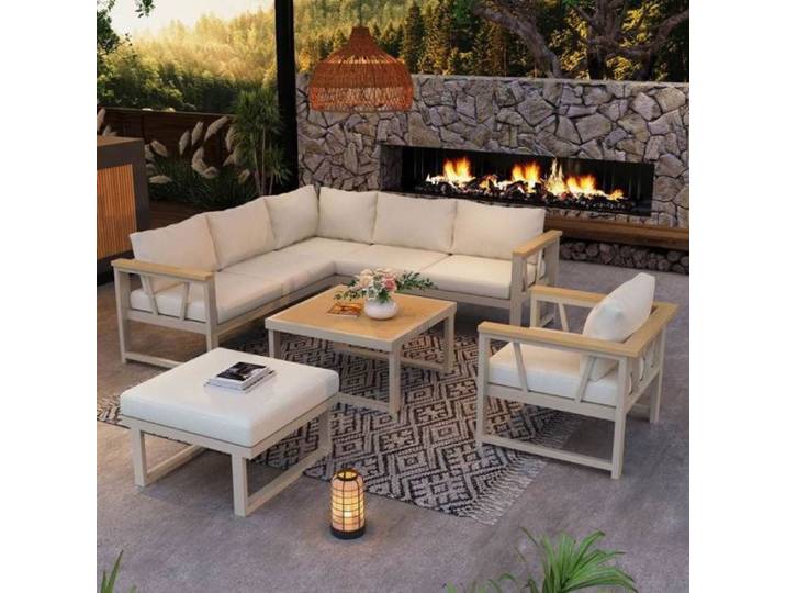 Ensemble de jardin exterieur - 7 places - Acier galvanisé - Coussins beige - Accoudoirs WPC