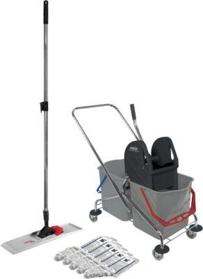 Schäfer Shop Pure Reinigungswagen Set, Doppelfahreimer 2x 27 Liter, mit Presse, Kunststoff-Klapphalter & 5x Baumwollmopp