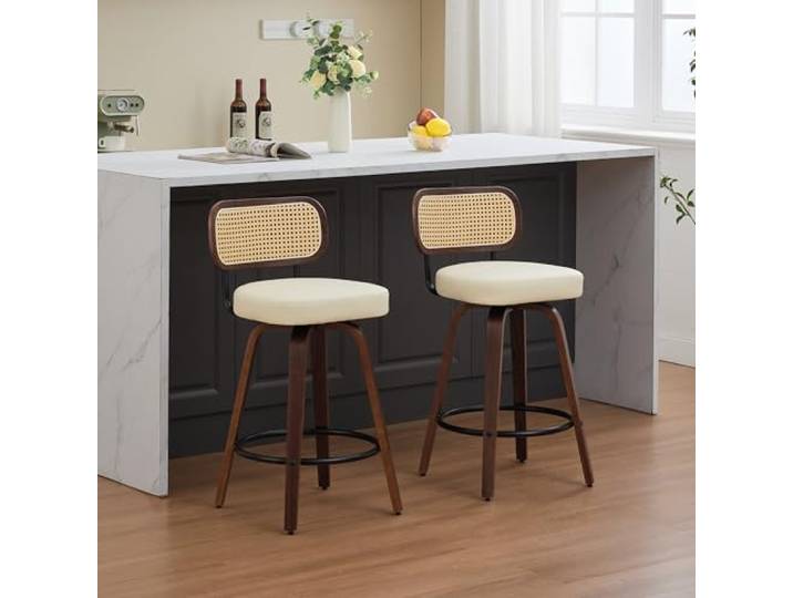 Bellemave Barhocker 2er Set, PU-Leder mit Rattan Rückenlehne, Holz,Beige Rattan-Rückenlehne, PU-Leder Sitz, stabiler Holzrahmen, 360° Drehfunktion für Küche und Hausbar