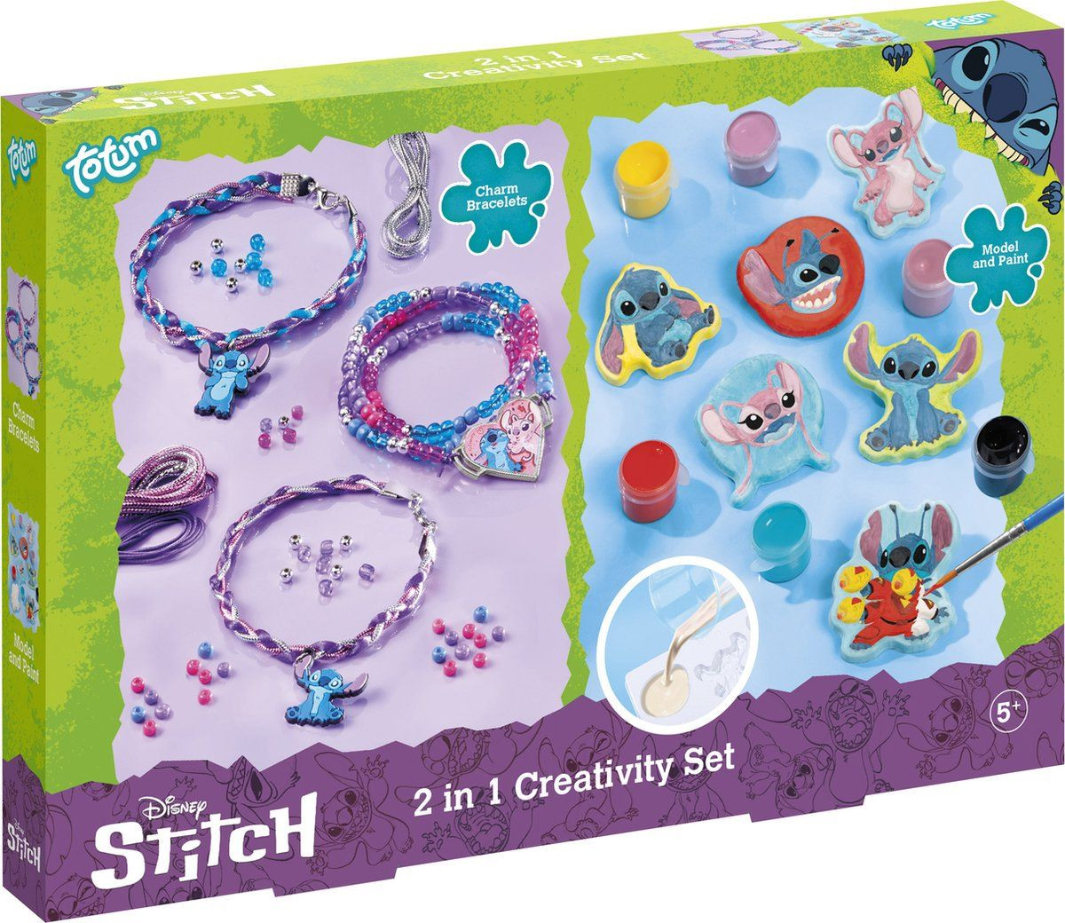 Totum Disney Stitch 2 in 1 knutselset voor het maken van armbandjes en het gieten en beschilderen van gipsfiguren
