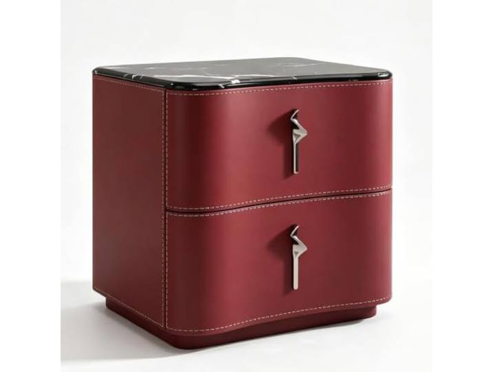 Nachttisch Schlafzimmer Moderner Beistelltisch mit Lederkante Holzrahmen 2 Schubladen Stauraum Metallgriffe Wohnaccessoires(Red)