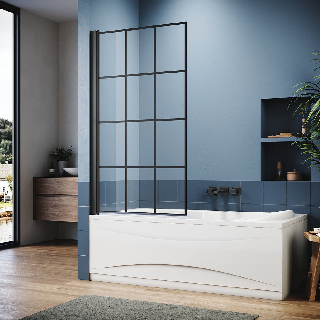 Belfry Bathroom 80mm W x 140mm H Hinged Framed Tub Door with Clear Glass Black 140mm H