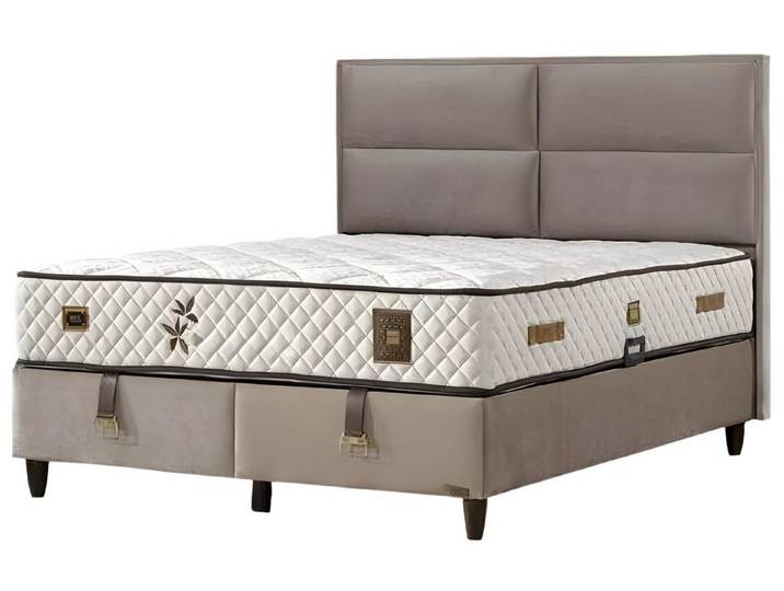 JVmoebel Boxspringbett Grau Holz-Textil Bett mit Matratze für optimalen Schlafkomfort (1-St)
