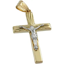 Gallay Anhänger 34x17mm Kreuz mit Jesus bicolor glänzend diamantiert 9Kt GOLD