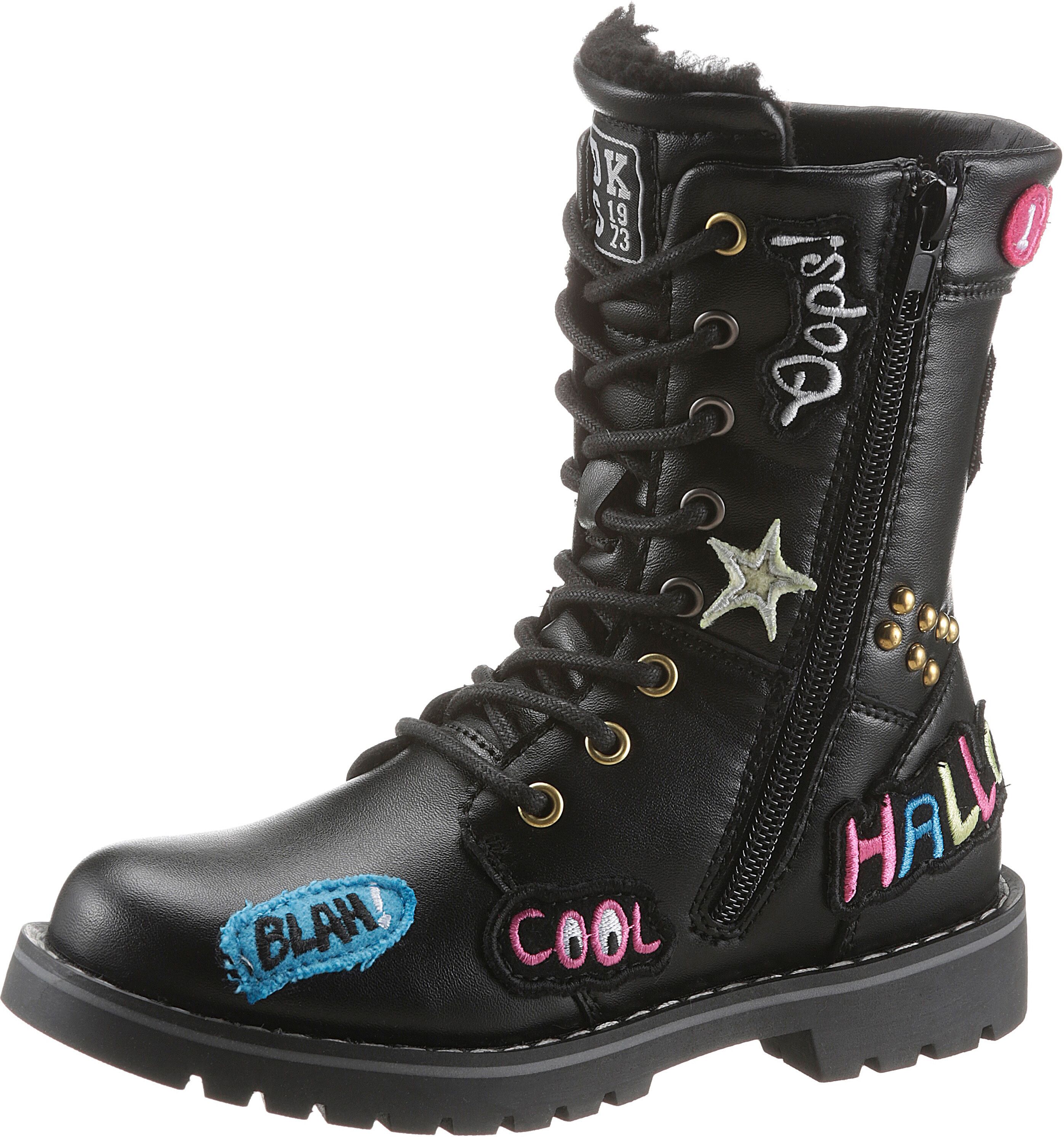 Schnürstiefel DOCKERS BY GERLI, Mädchen, Gr. 36, Warmfutter, schwarz, Lederimitat, Schuhe Schnürstiefel, Boots mit bunten Patches