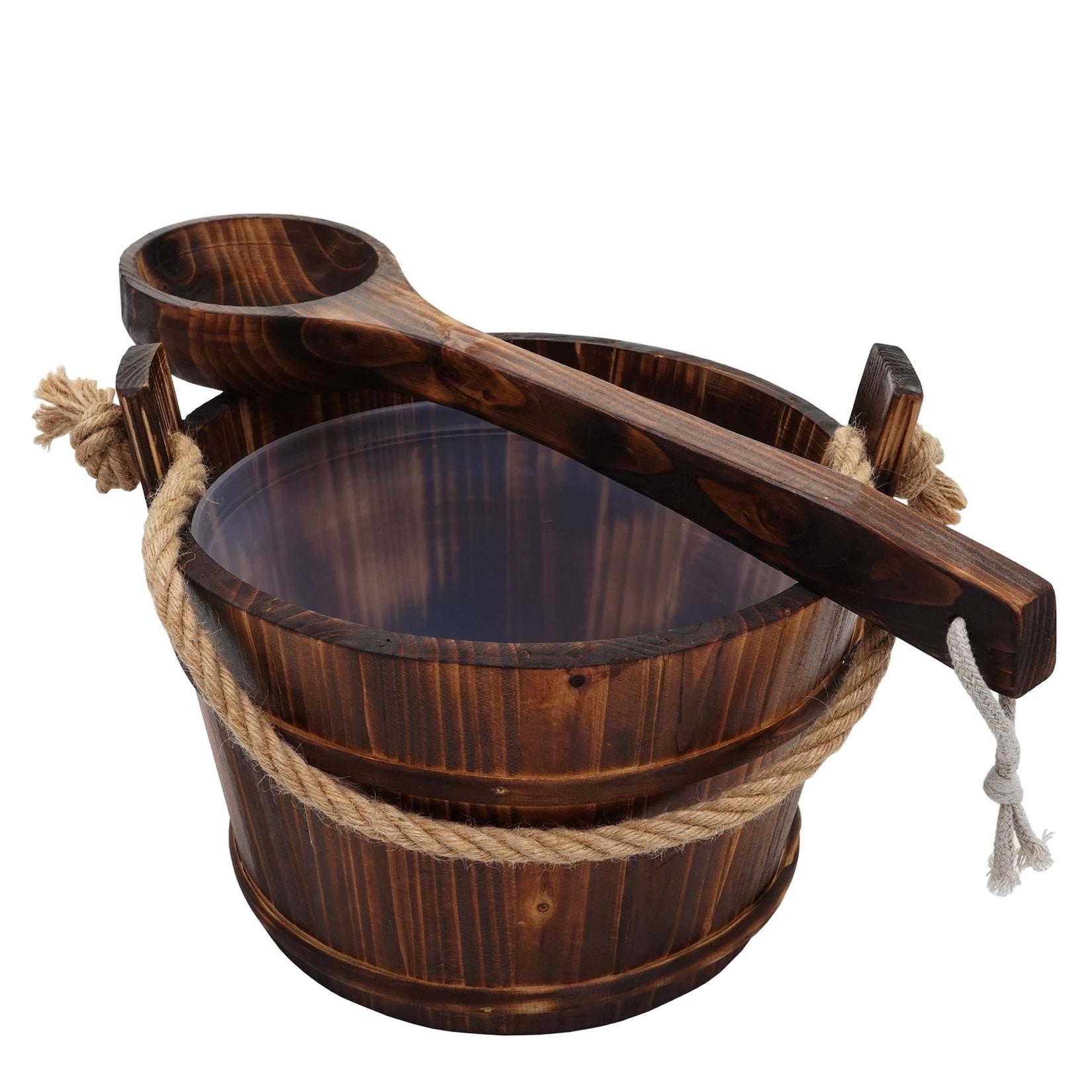 Saunakübel mit Einsatz MCW-B26, Saunazubehör Saunaeimer Saunakelle Aufguss, Kiefernholz 3,5 L ~ dunkel-braun
