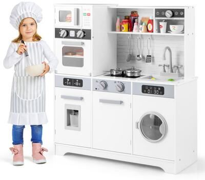 Costway Pretend Play Kitchen Wooden Toy Set Kitchen Accessory Playset with Real Lights Sounds-White