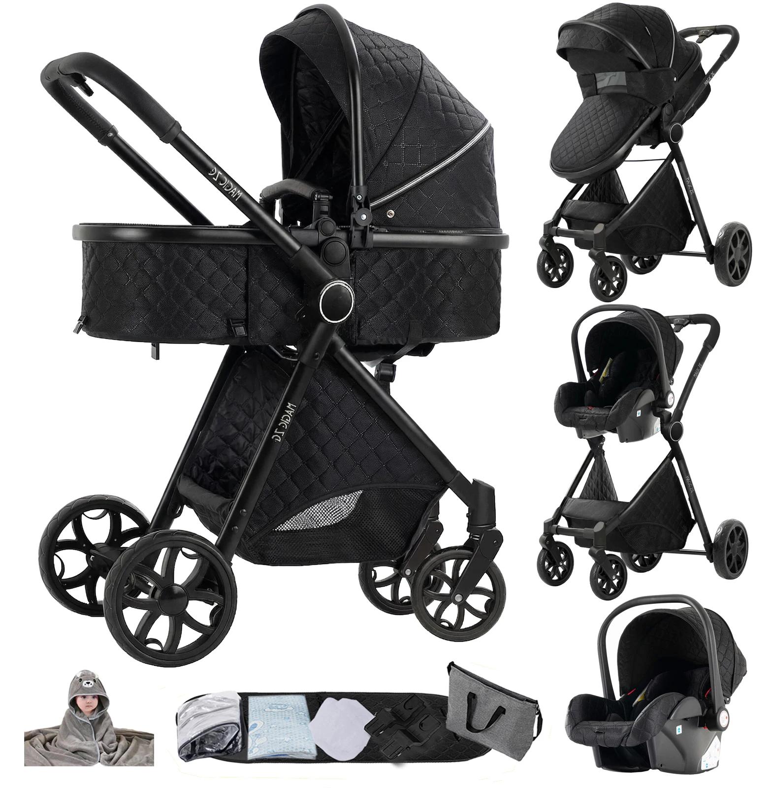 Kombikinderwagen - 3-in-1 Travel-System - Babywanne - Autokindersitz - Wendeaufsatz - Faltbar - Geländereifen - Schwarz