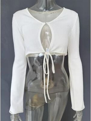Universal Stock Midnight Lace Up Crochet Crop Top Long Sleeve Hollow Out Knit Top Cover Up For Women white s