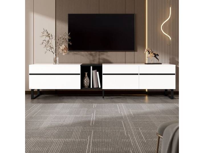 Meuble TV - DREAMMESPACE - 180x38x45cm - Compartiment rabattable - Design minimaliste - Blanc