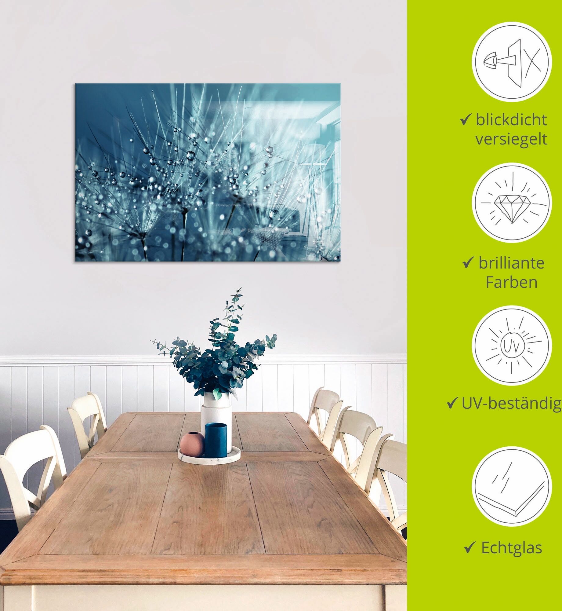 Glasbild ARTLAND "Blaue glitzernde Pusteblume", blau (farbe bild(er): blau), B:80cm H:60cm, Bilder, Glasbild, in verschiedenen Grössen farbe bild(er): blau B/H/T: 80cm x 60cm, Glasbild Blumen Querformat, 1 Stk.