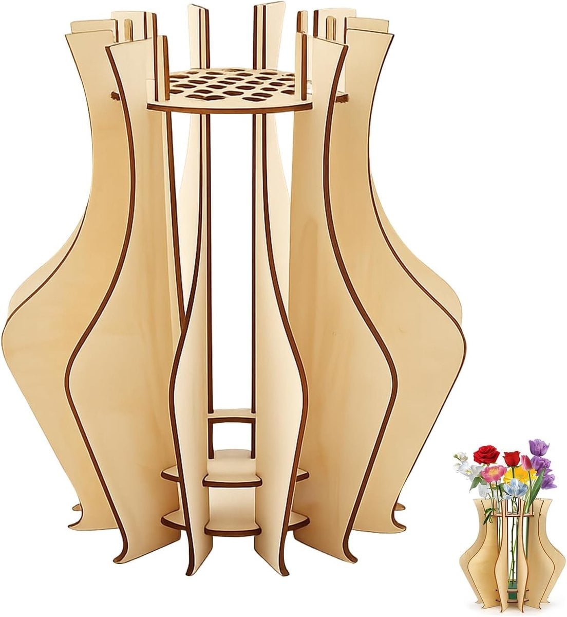 Creatieve Houten Bloemenvase voor Rozen en Boeketten, DIY Puzzelvaas, 20 x 20 cm