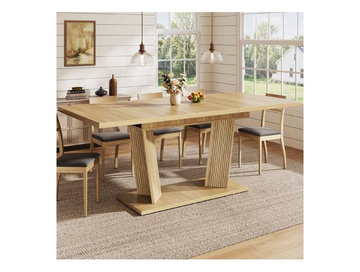 Celya Esstisch Ausziehbarer Massivholz Optik Tisch mit Stabiler Sockel (Flexibler Esszimmertisch mit Verstellbaren Anti-Rutsch-Füßen)