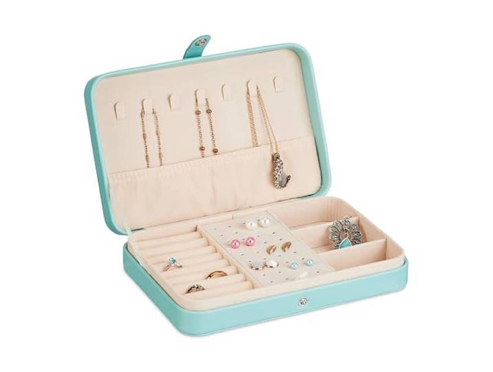 Relaxdays Boîte à bijoux\, système de rangement pratique\, pour bagues et chaînes\, voyages\, HLP 4\,5x21x14\,5 cm\, turquoise