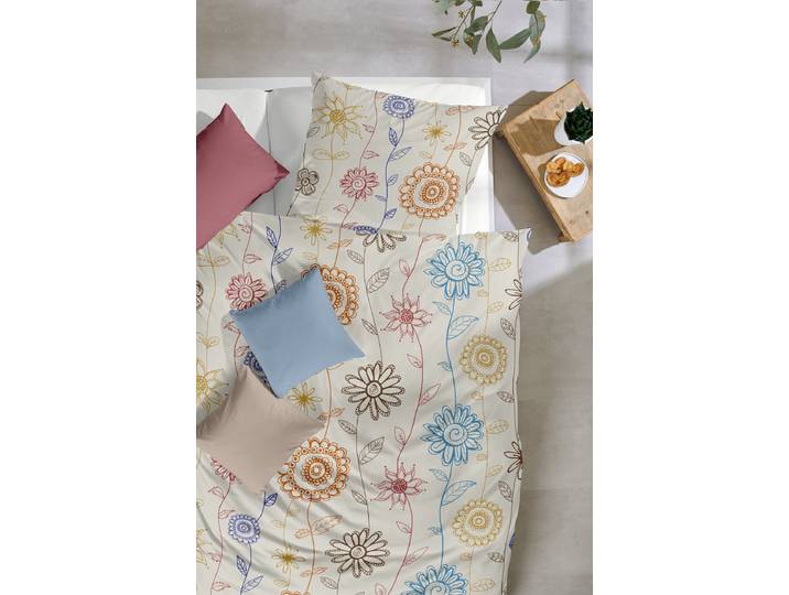 Housse de couette Fin Biber Frida 155 x 220 cm + oreiller 80 x 80 cm Bleu/Marron/Multicolore