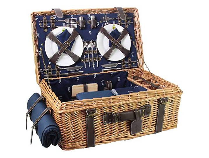Les Jardins de la Comtesse - Picknick Wicker und Leder Champs-Elysees Blau - Picknickkorb Full / 4 Personen - Isolierfach - Feinporzellan und Weingläser - 57 x 37 x 23 cm