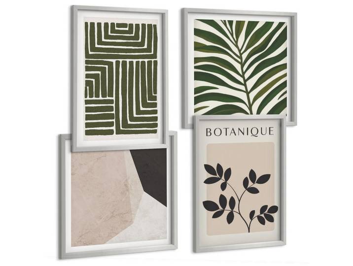 Tulup Bilder SET 4er Set - 50x50 cm & 40x60 cm Silberner Rahmen - Botanische Boho-Kompositionen, Silberfarben, Kunststoff, Rechteckig, 50x50 cm, gerahmt, Bilder & Rahmen, Bilder