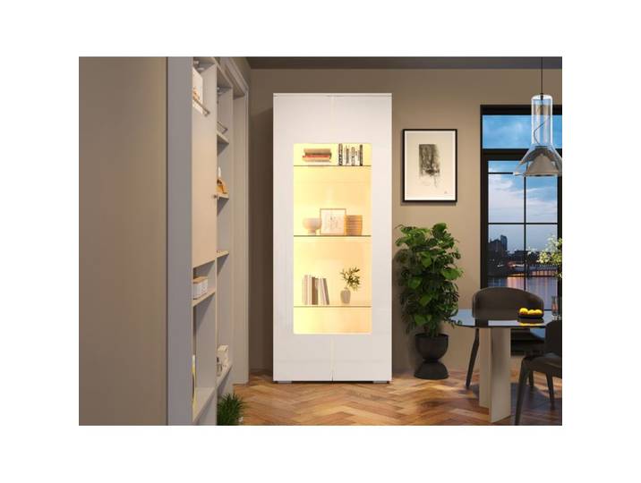 WOVREO Vitrine de salon 70 x 40 x 173 cm 2 portes LED avec appli façade brillante MDF blanc