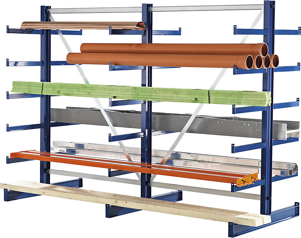 Kragarmregal mit identischer Kragarm-Länge, Regallänge 2700 mm, zweiseitig, enzianblau eurokraft pro