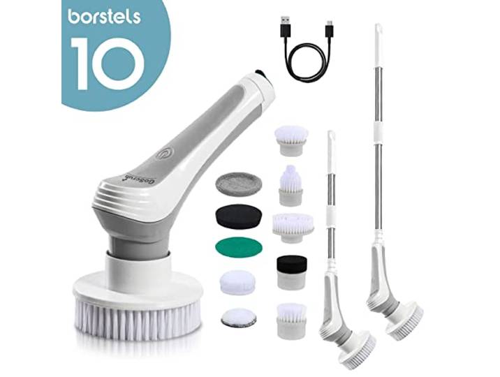 GoScrub® Elektrische Schoonmaakborstel – Elektrische Schrobber - Schrobborstel – voor badkamer of keuken – Schrobber Met Steel – Luiwagen – Polijstmachine - poetsmachine met 10 opzetstukken