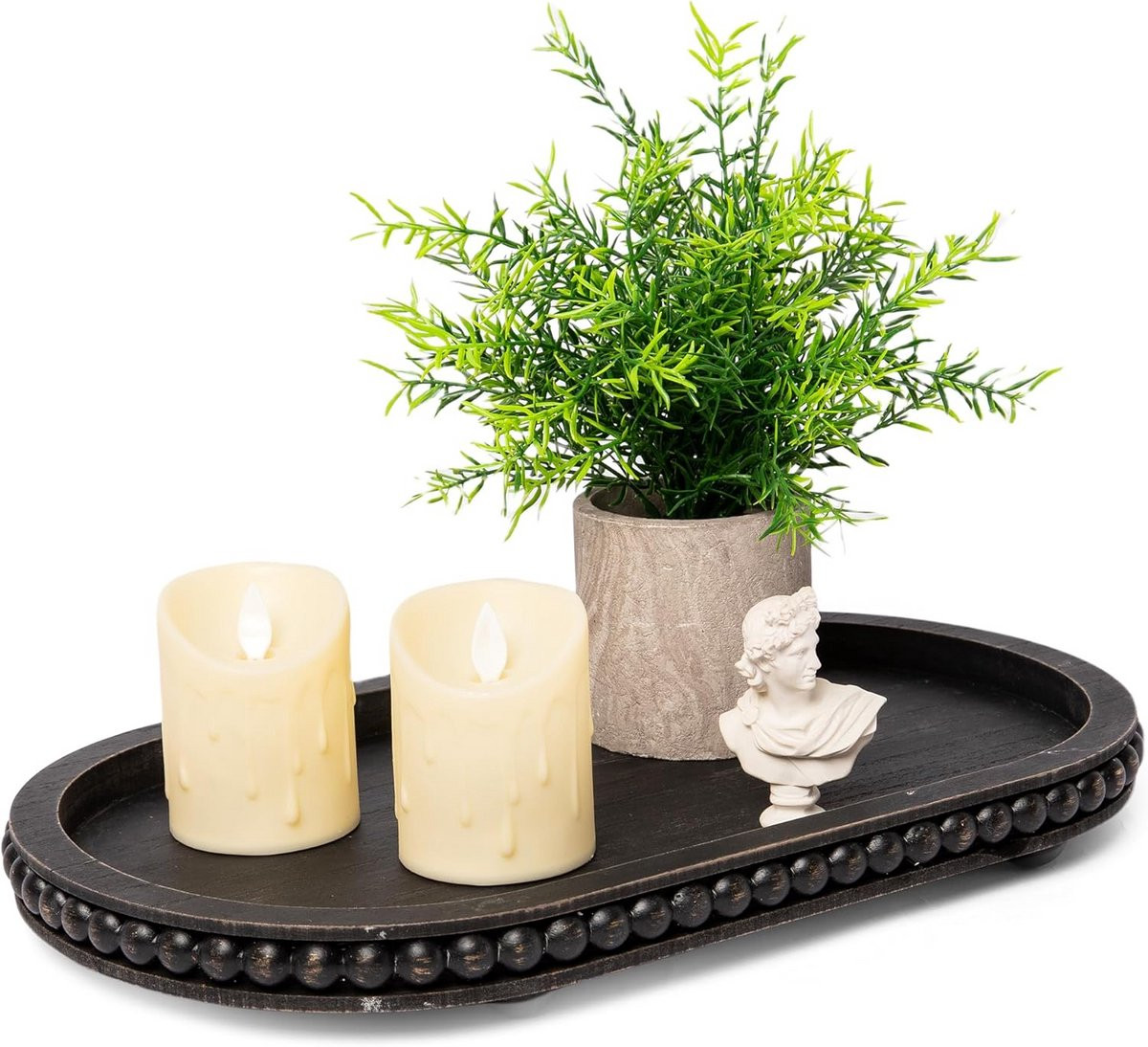 Decoratief ovaal houten dienblad met kralen in zwart - Rustiek en landelijk tafelstuk