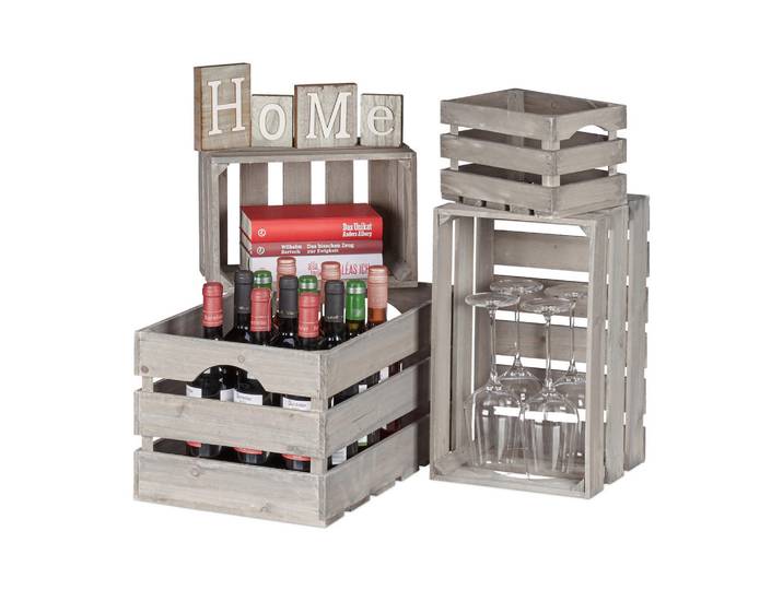 Relaxdays Holzkiste Grau 4er-Set Tannenholz Vintage 15x23x16 cm, Holz, 50x25x31 cm, Ordnen & Aufbewahren, Dekoboxen & Aufbewahrungsboxen