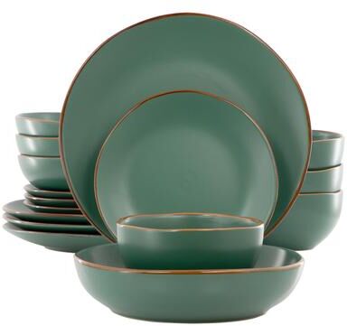 Gibson Home 16 Piece Everyday Use Stoneware Double Bowl Dinnerware Set in Matte Green