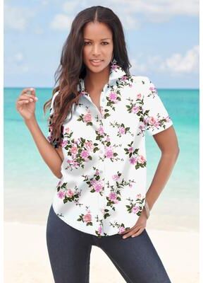 Plus Size Women's Plus Size Kate Short Sleeve Easy Cotton-Blend Button-Front Shirt by Roaman's in White Mixed Flowers (Size 20 W) Button Down Shirt B
