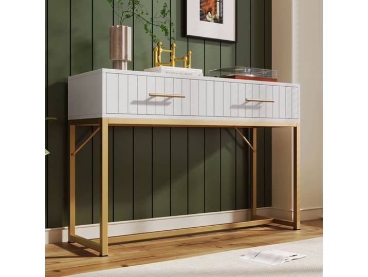 ROVRYN Coiffeuse blanche 100 x 45 x 75 cm avec 2 tiroirs façades rainurées et pieds métal dorés