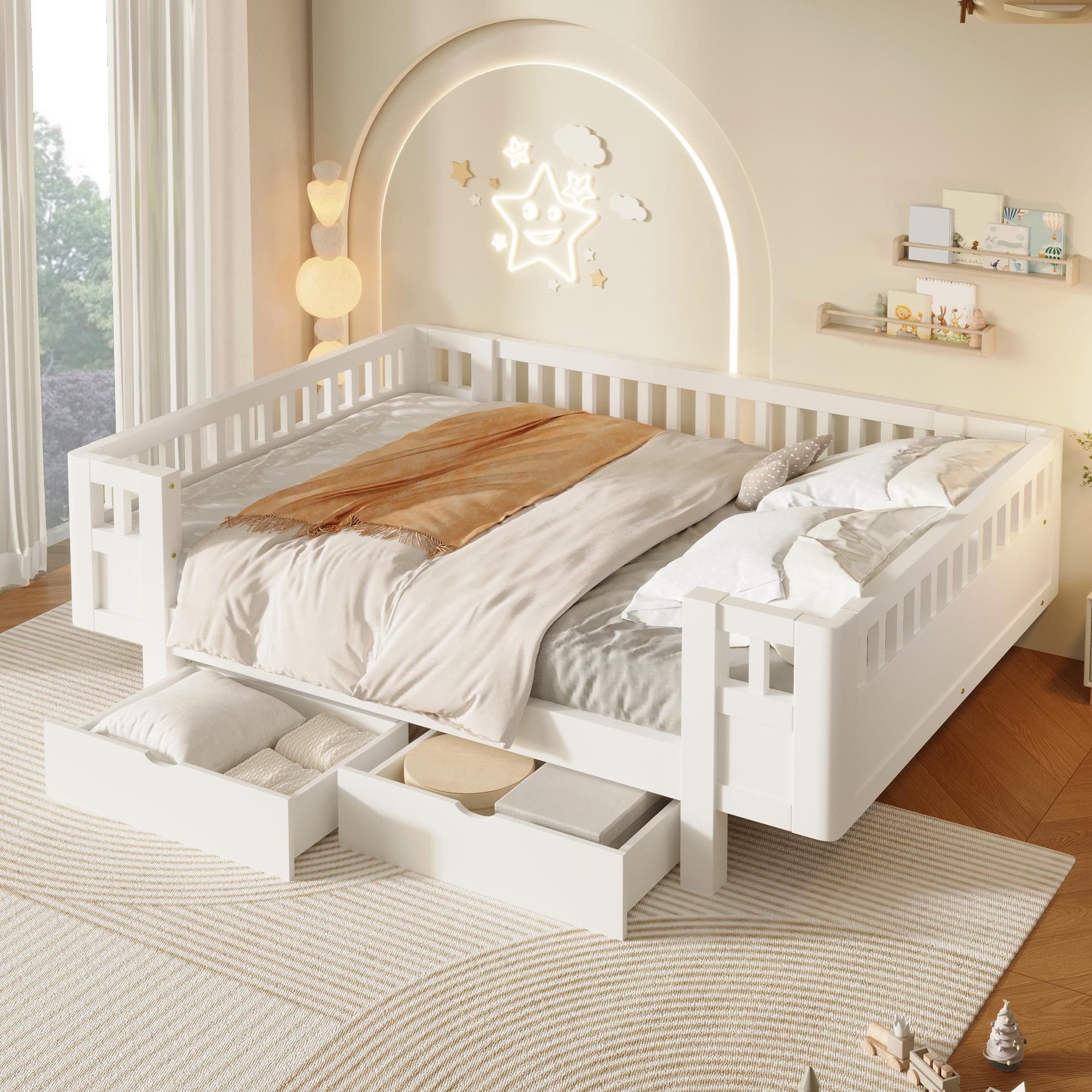 MODFU Jugendbett 140x200 mit 2 Schubladen und Matratze,Kinderbett Bettrahmen mit Schutzgitter,Plattformbett Holzbett aus Massivholz,Weiß