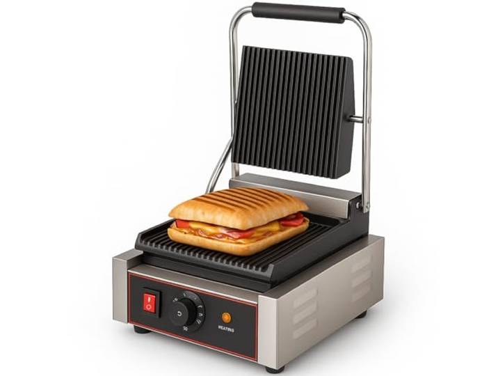 Grill Panini Professionnel Électrique - Plaques Rainurées Fonte - 1800 W - Température 0 à 300°C - Compact et Puissant