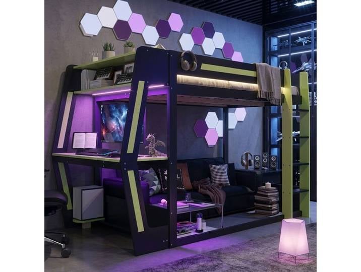 Lit mezzanine gaming - SOGEU - 120 x 200 cm - Bureau gaming intégré - Éclairage LED - Rangement aménageable