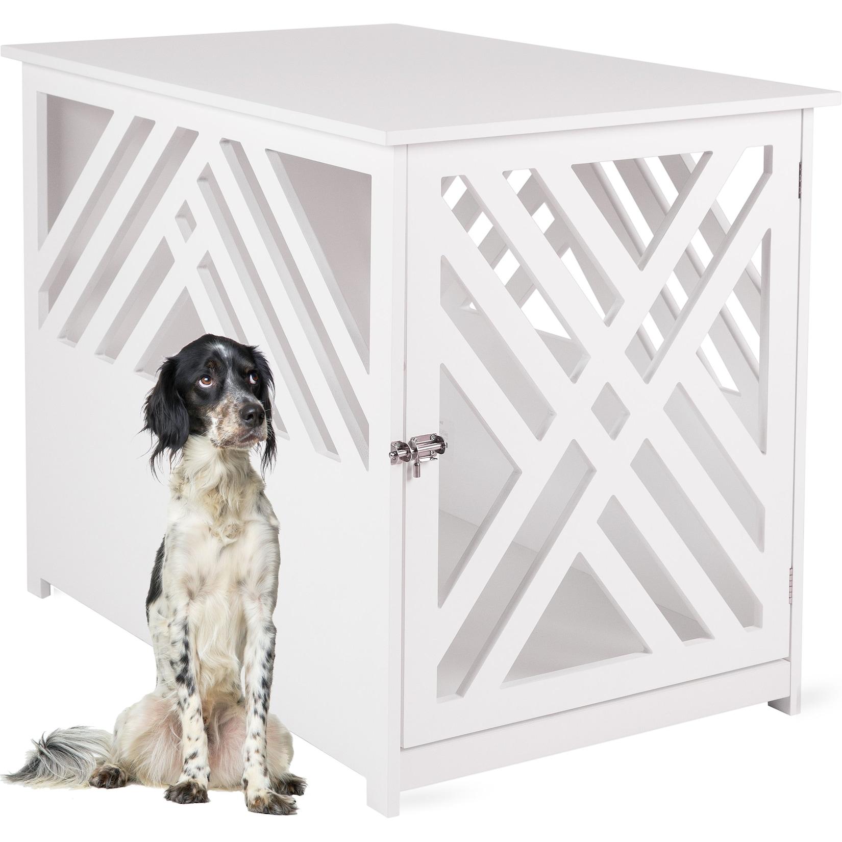 WONDERMAKE® Design Hundekäfig aus Holz für Zuhause Wohnung mit Beistelltisch, Hundebox fürs Wohnzimmer Indoor, 90x60 cm weiß