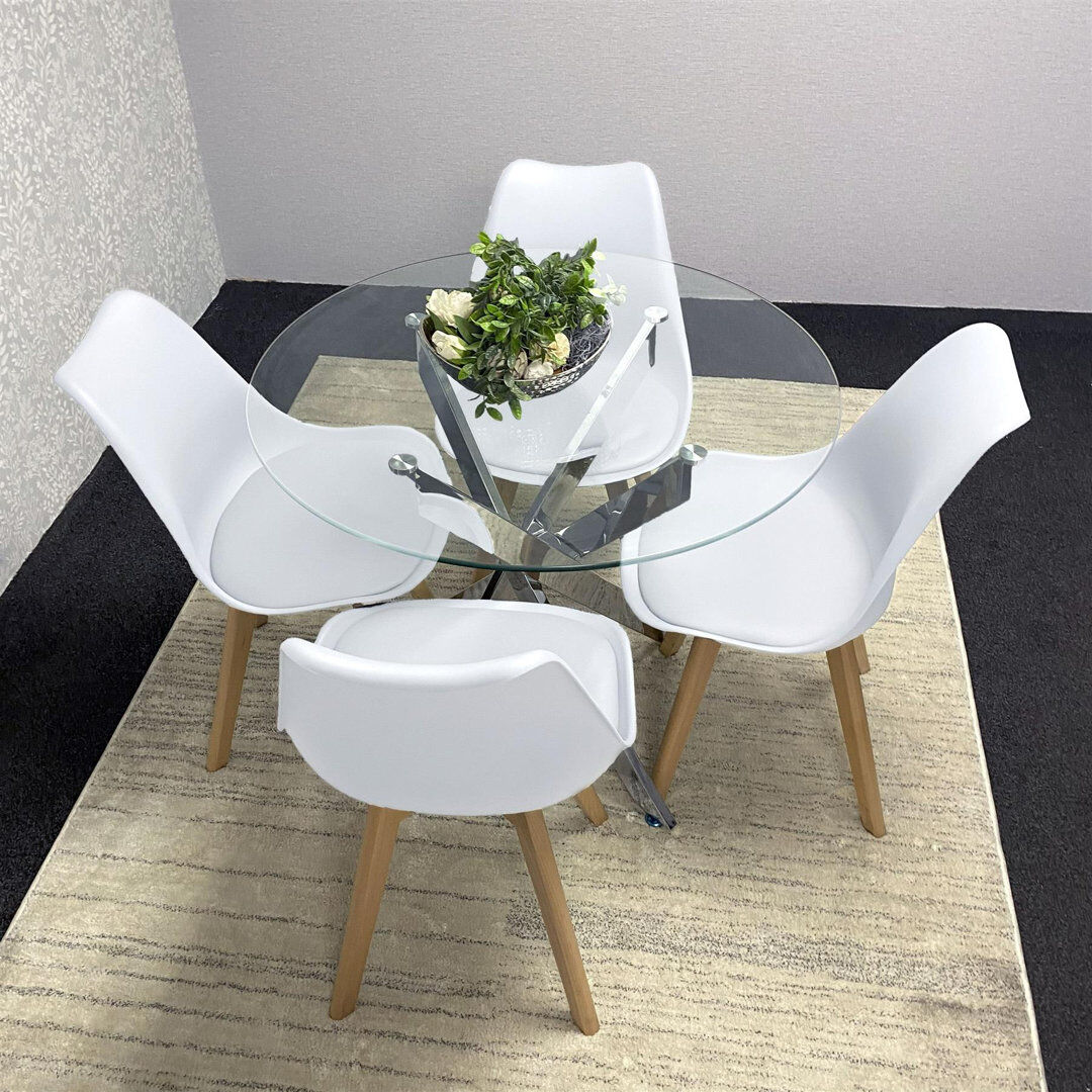 KOSY KOALA Round Glass Dining Table with Velvet Chairs - Dining Kitchen Room Furniture White 4