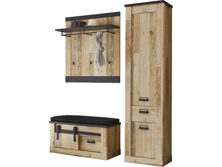 Garderoben-Set HOME AFFAIRE Sherwood, Garderobe im Industrial-Style, Komplettset mit viel Stauraum , braun (old style hell dekor), B:164cm H:201cm T:43cm, Kastenmöbel-Sets, Garderoben-Set, enthält Schrank, Garderobenpaneel, Garderobenbank +Sitzkissen