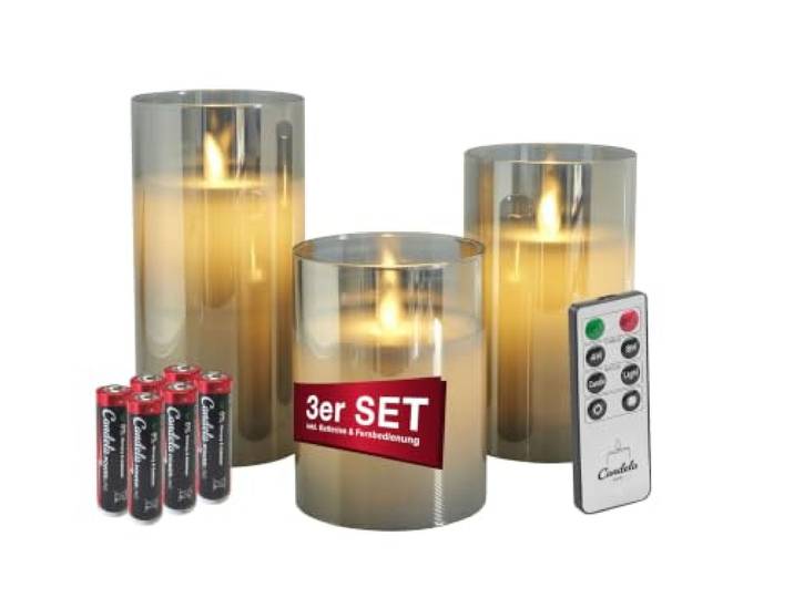 LC Home Candela Lights LED Kerzen Set Echtwachs inkl. Glas mit Fernbedienung Timer Funktion & mehrstufig dimmbar bewegliche Flamme Echtwachskerzen (Grau)