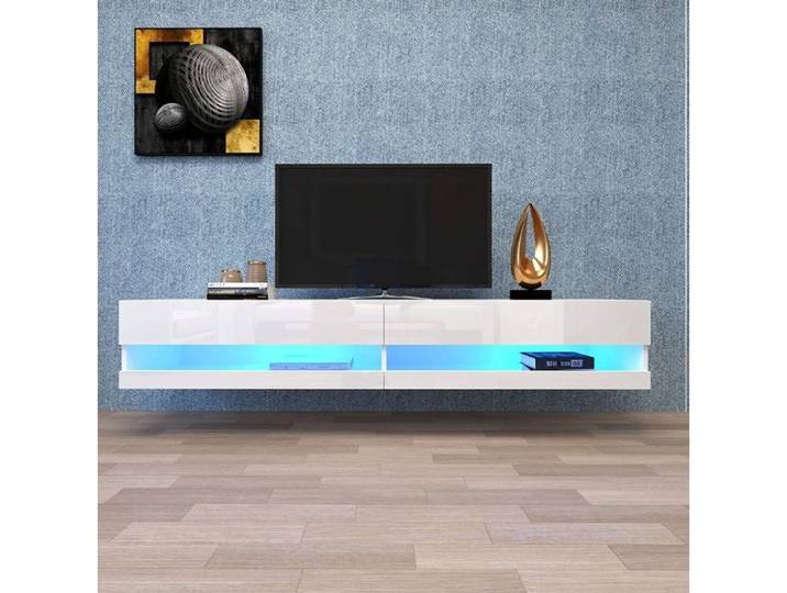 Meuble TV mural blanc en MDF avec éclairage LED façades brillantes