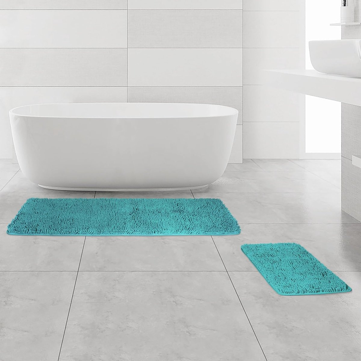 Set van 2 turquoise chenille badkamermatten - Ultra absorberend