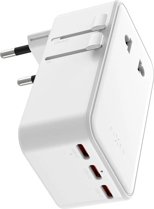FIXED Voyager Travel GaN Slim für EU UK und USA/AUS mit 3xUSB-C- und USB-Ausgang PD 45W weiß