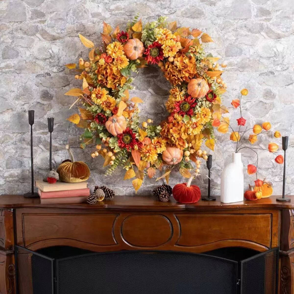INF Couronne de Récolte Citrouille Baies Hortensia – Décoration Automne Multicolore Réaliste, Polyester+PU, Taille L:45.00cm