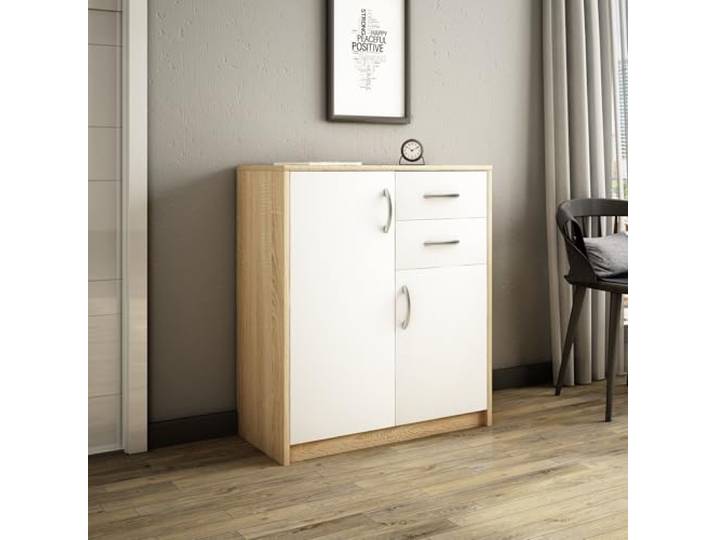 Home Collective Kommode mit 2 Schubladen und 2 Türen in matt Kommode 74cm breit mit hochwertigen Polymergriffen Holz Schrank Kommode mit Schubladen Aus laminierter Platte gefertigt Sonoma weiß