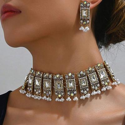 Ethno-Stil Legierung Edelstein Halskette Ohrringe 2-teilig Retro Schwerindustrie Perle Fransen Kopf Schmuck