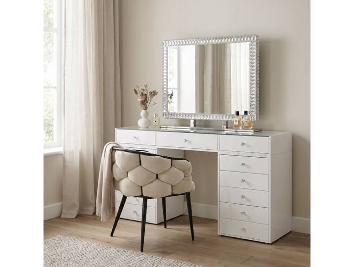 Coiffeuse Homeluxury Avec Miroir Led Crystal 80cm - Blanche Vitrée 150cm Avec 13 Tiroirs