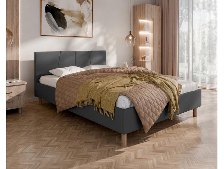 ALMORE Polsterbett – minimalistisches Design, Holzbett auf Füßen Federkernmatratze
