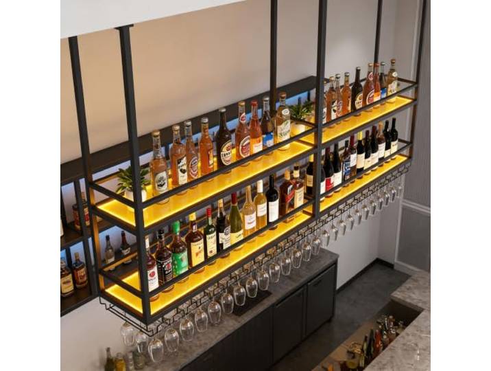 YDEHUEAD Acryl Deckenregal Weinregal, 120cm Hängender Glashalter für Bar 2-stufiges Bar Weinregal aus Acryl, Metallrahmen & Geländer, für Flaschen & Stielgläser, passend für Bar, Cafe, Küche